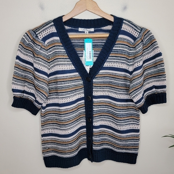 NWT Stitch Fix Les Serein | Osprey Short Sleeve Cardigan Navy Cream Tan Stripe - Picture 1 of 7